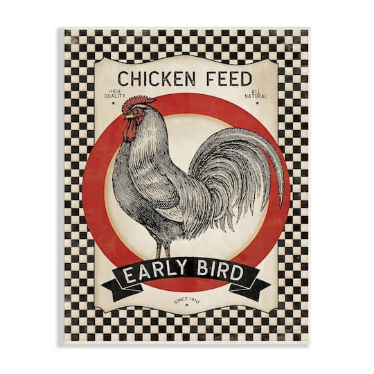 Stupell Industries Vintage Farmhouse Chicken Feed Advertisement Rooster Checkered Pattern Wall Plaque